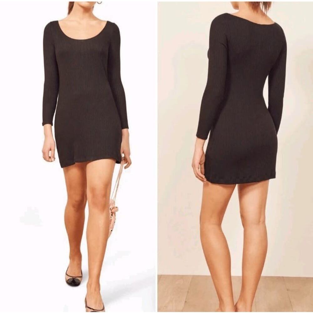 Reformation Women's Dress Mini Long Sleeve Ribbed Rosario Stretch Black Small